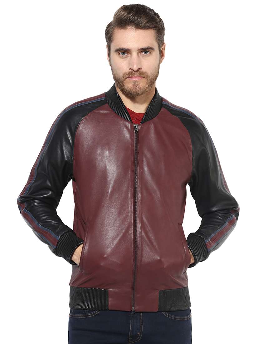 brown color block 100% lamb leather jacket
