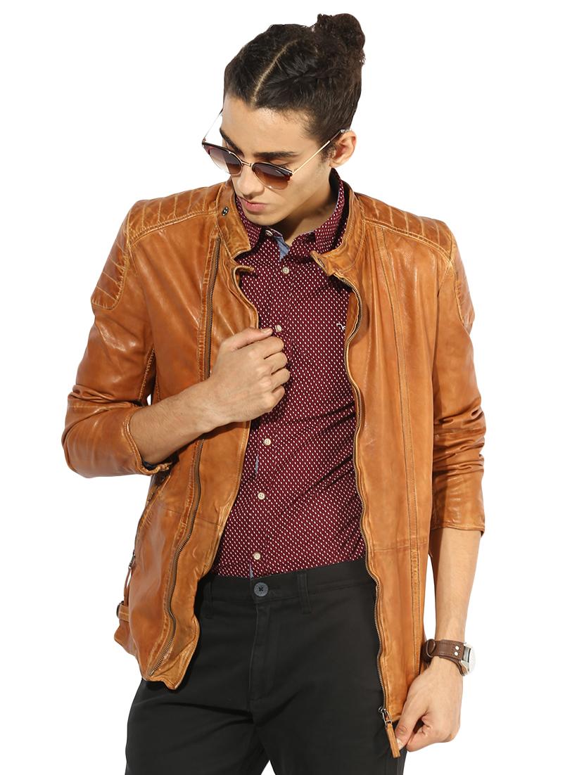 brown solid 100% lamb leather jacket - 16713631 - Zoom Image - 0