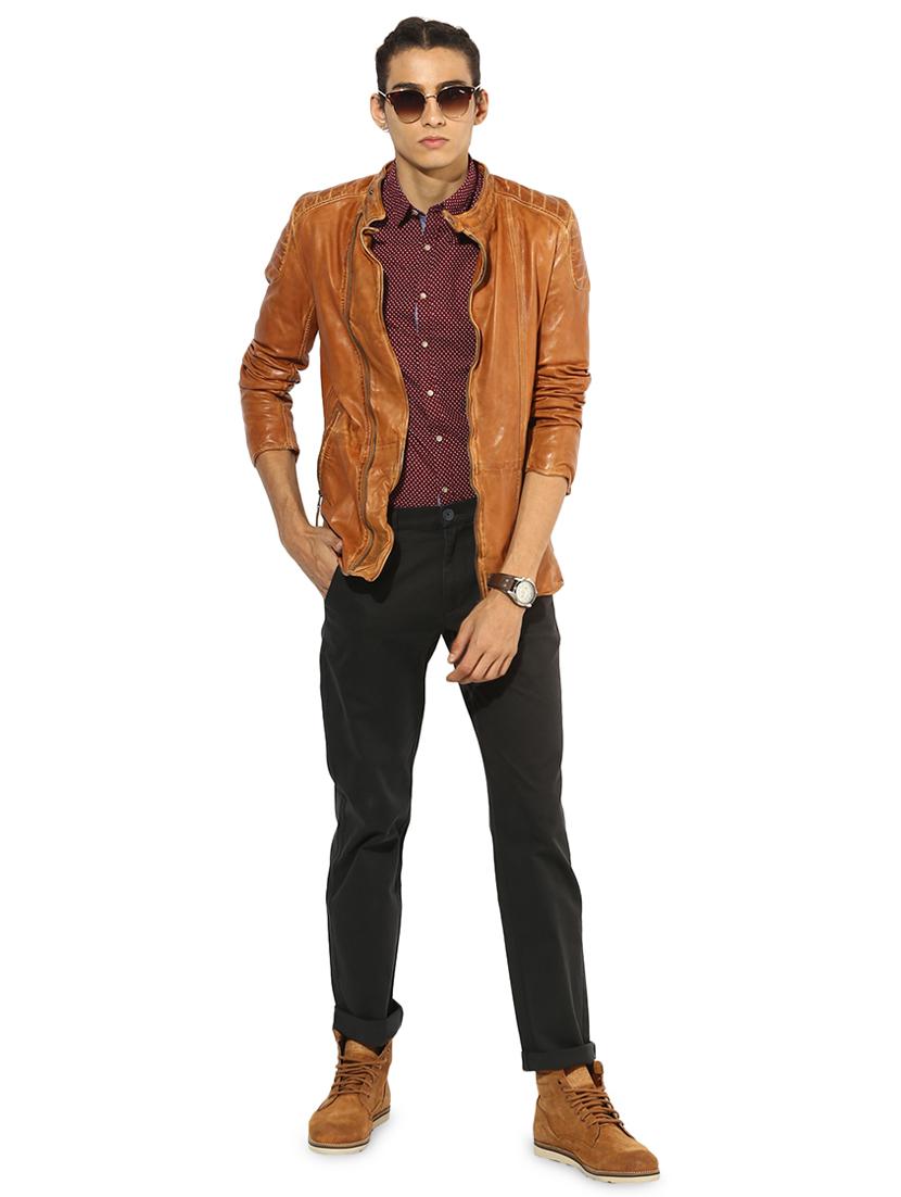 brown solid 100% lamb leather jacket - 16713631 - Standard Image - 3