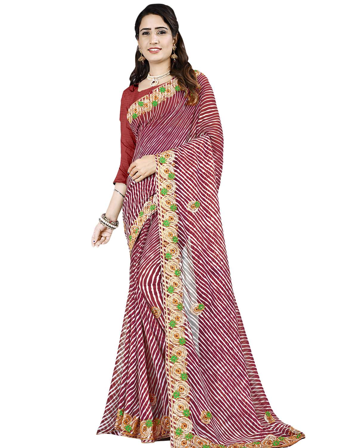 leheriya print bordered saree with blouse - 16717364 - Zoom Image - 0