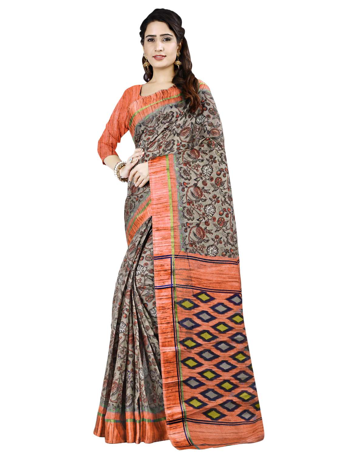 floral printed bordered saree with blouse - 16720633 - Zoom Image - 0
