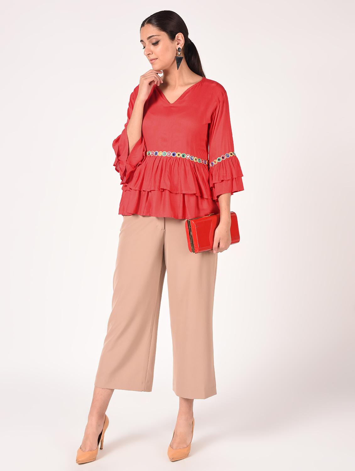 v neck mirror work layered top - 16721201 -  Zoom Image - 0