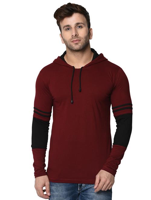 maroon color block hooded t-shirt - 16722952 - Standard Image - 0