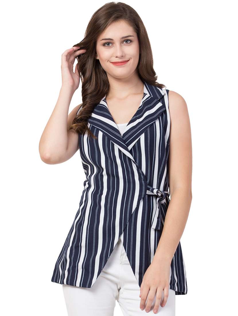 tie knot lapel neck striped top