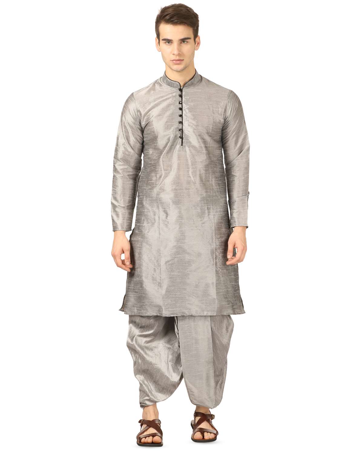 silver solid dhoti kurta set - 16735433 - Zoom Image - 0