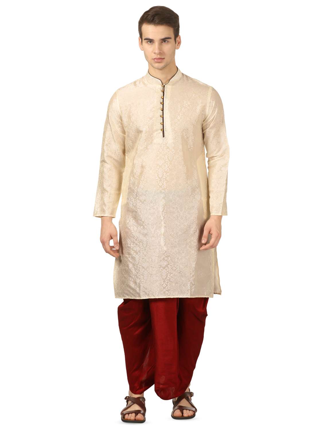 beige pure silk jacquard dhoti kurta set
