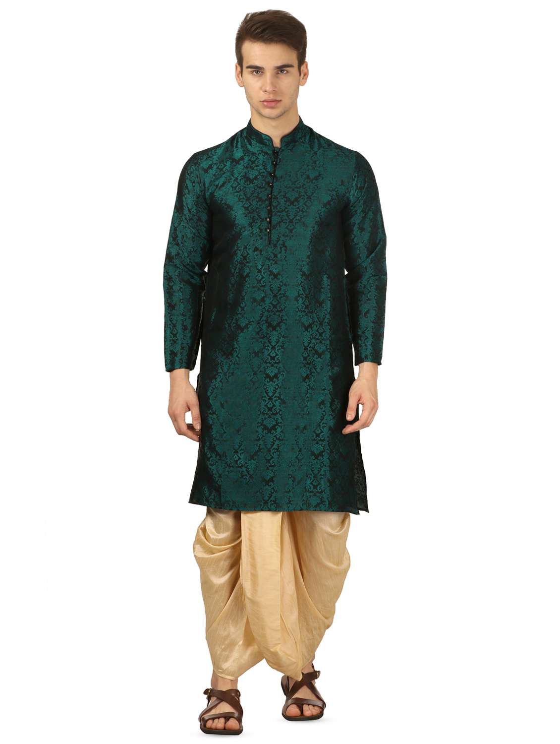 green pure silk jacquard dhoti kurta set - 16735446 - Zoom Image - 0
