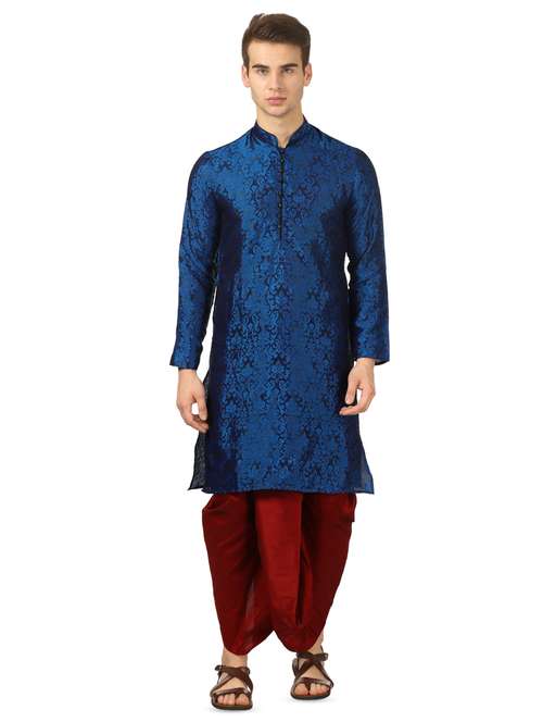 blue pure silk jacquard dhoti kurta set - 16735447 - Standard Image - 0