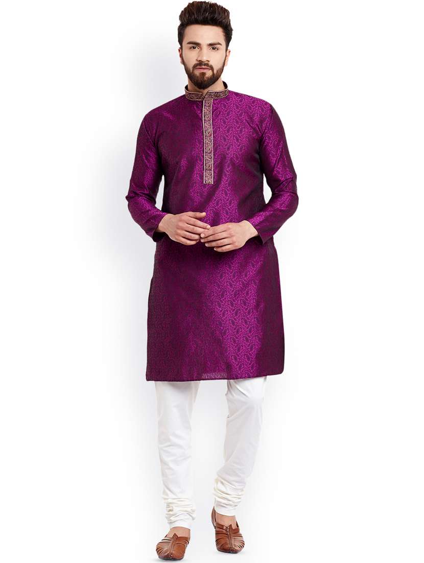 purple pure silk brocade kurta pyjama set - 16735547 - Zoom Image - 0
