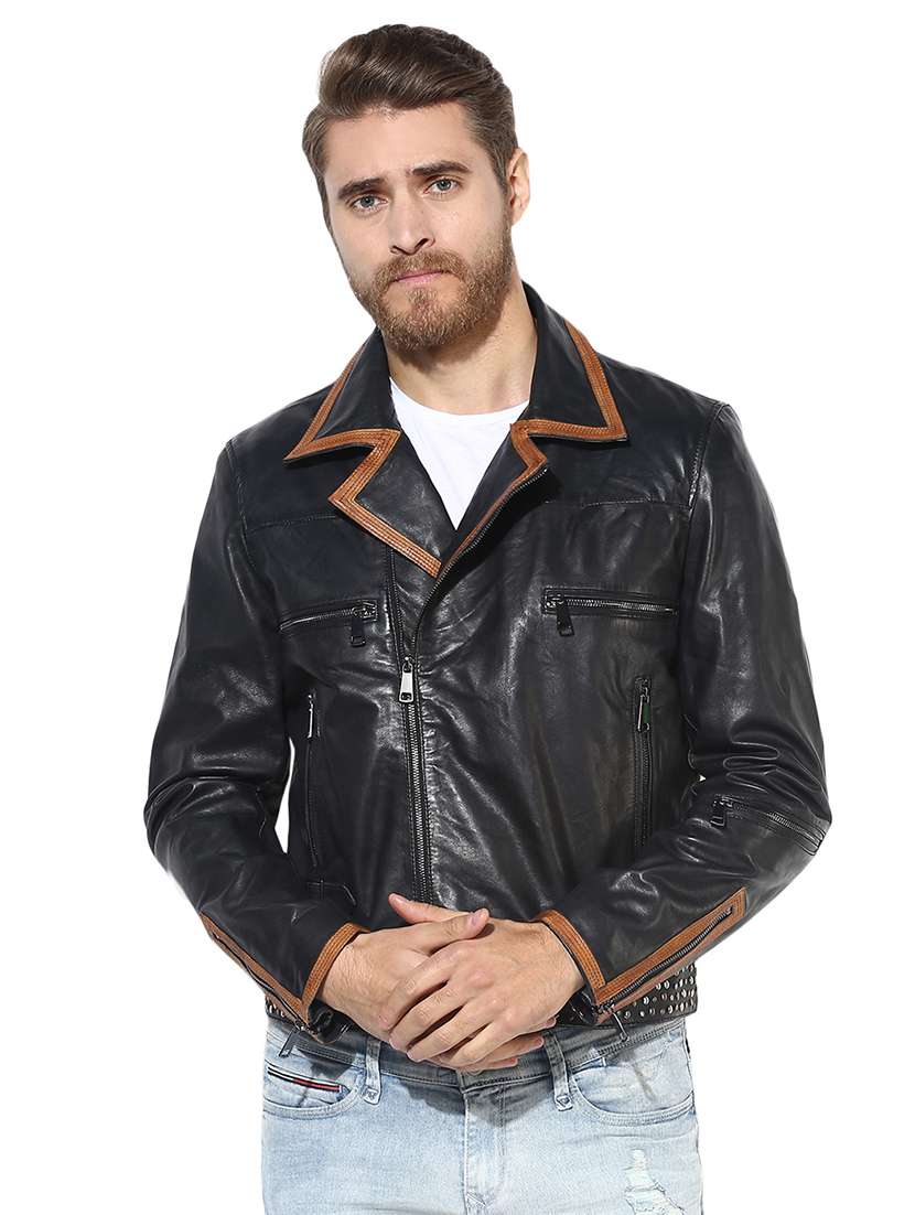 black solid 100% lamb leather jacket