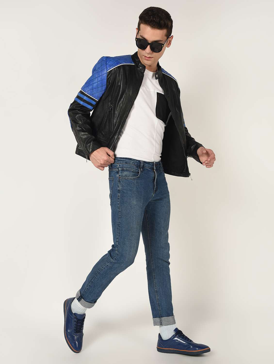 black color block 100% lamb leather jacket