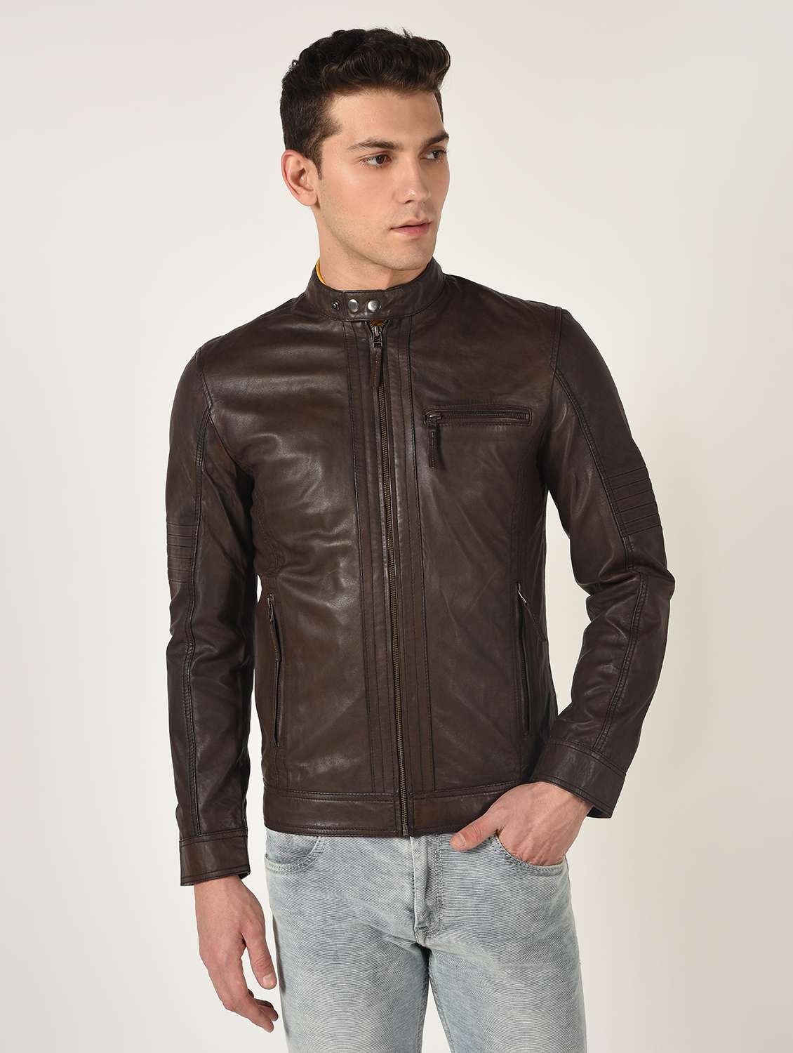 brown solid 100% lamb leather jacket