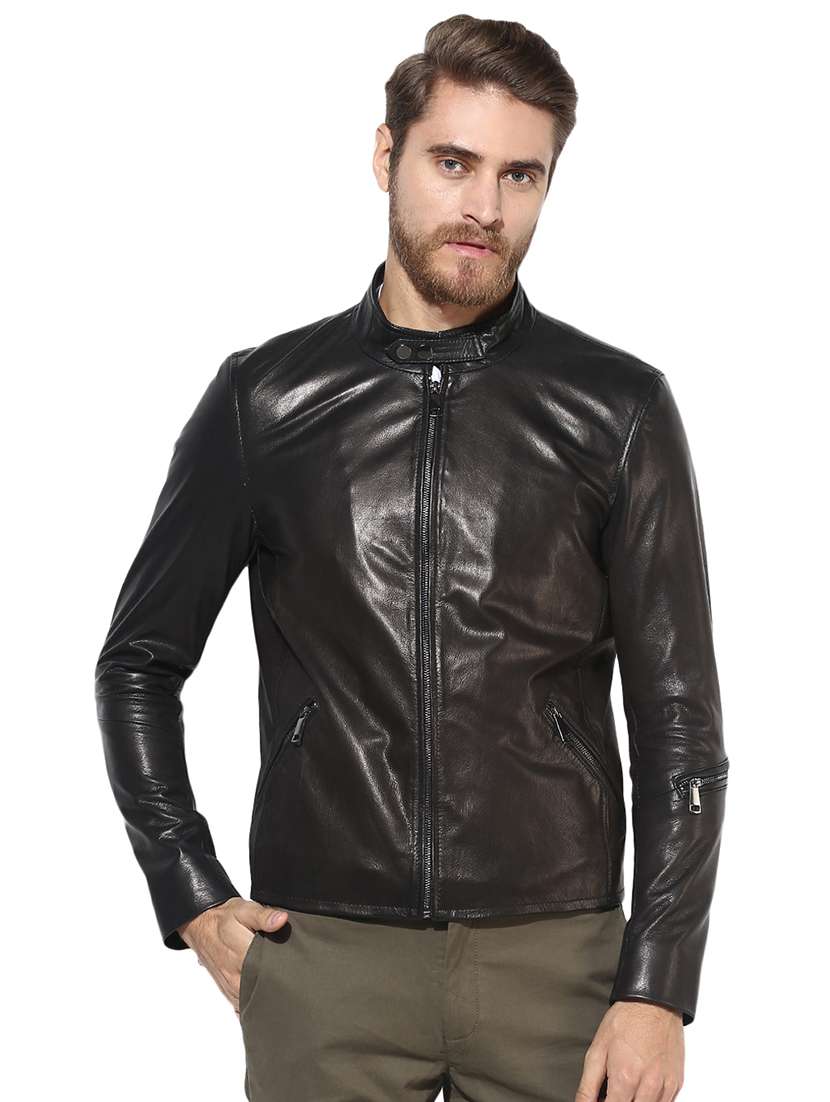 black solid 100% lamb leather jacket