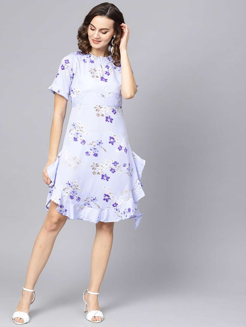 ruffle detail floral asymmetric dress