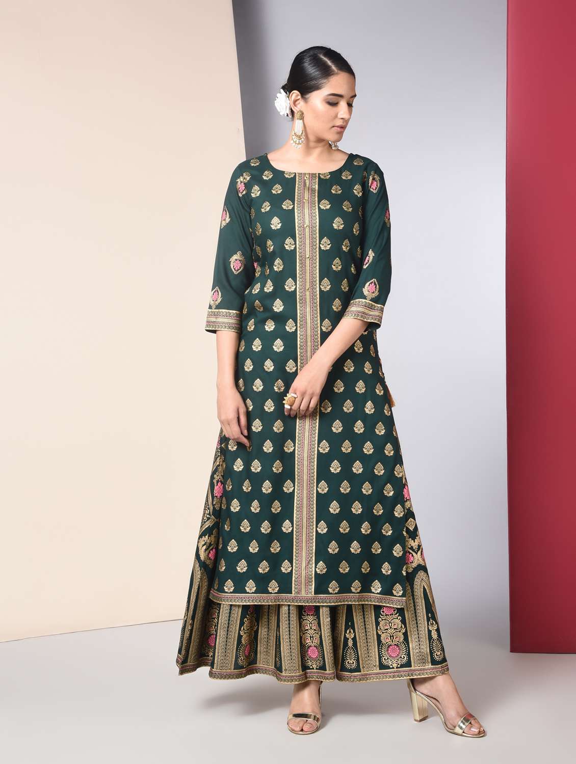 gold print kurta palazzo set