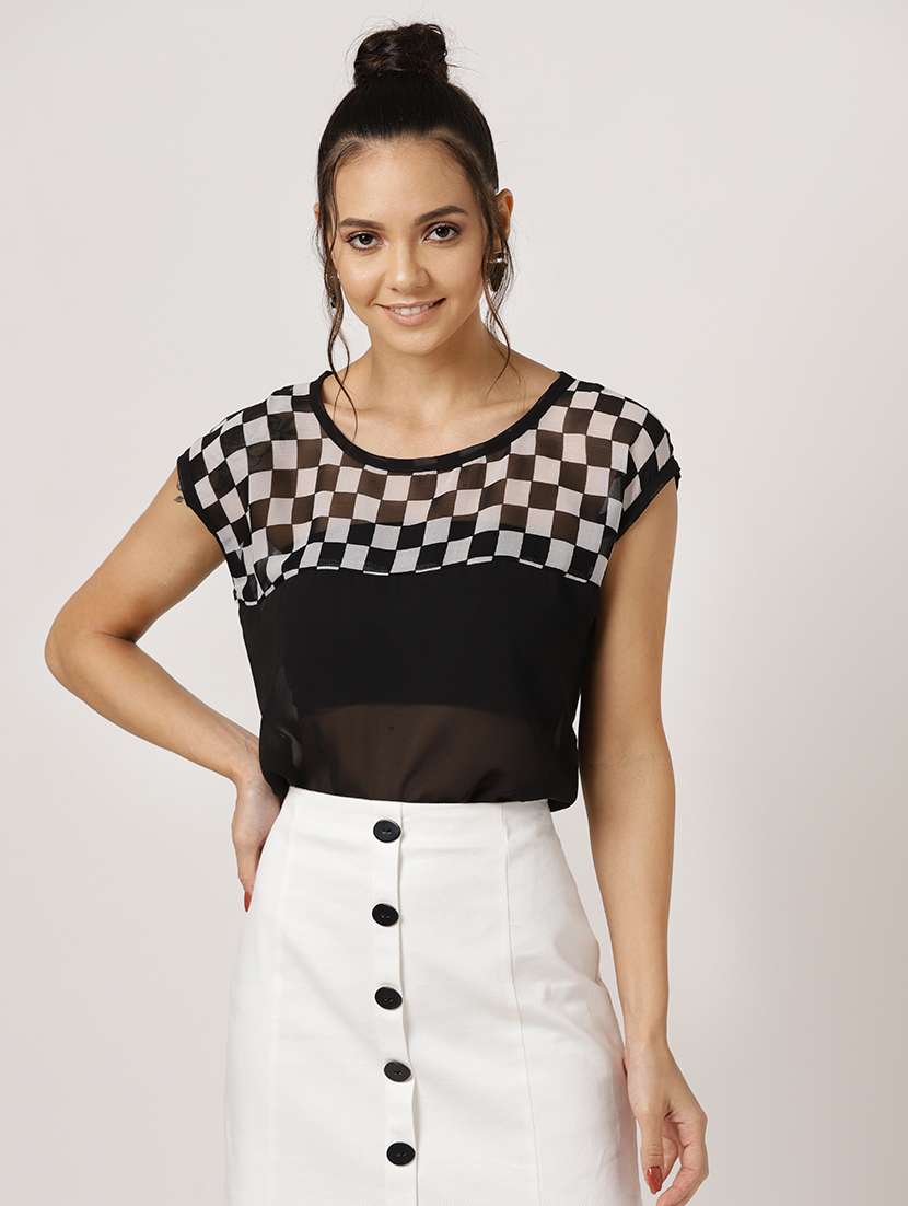 round neck checkered top