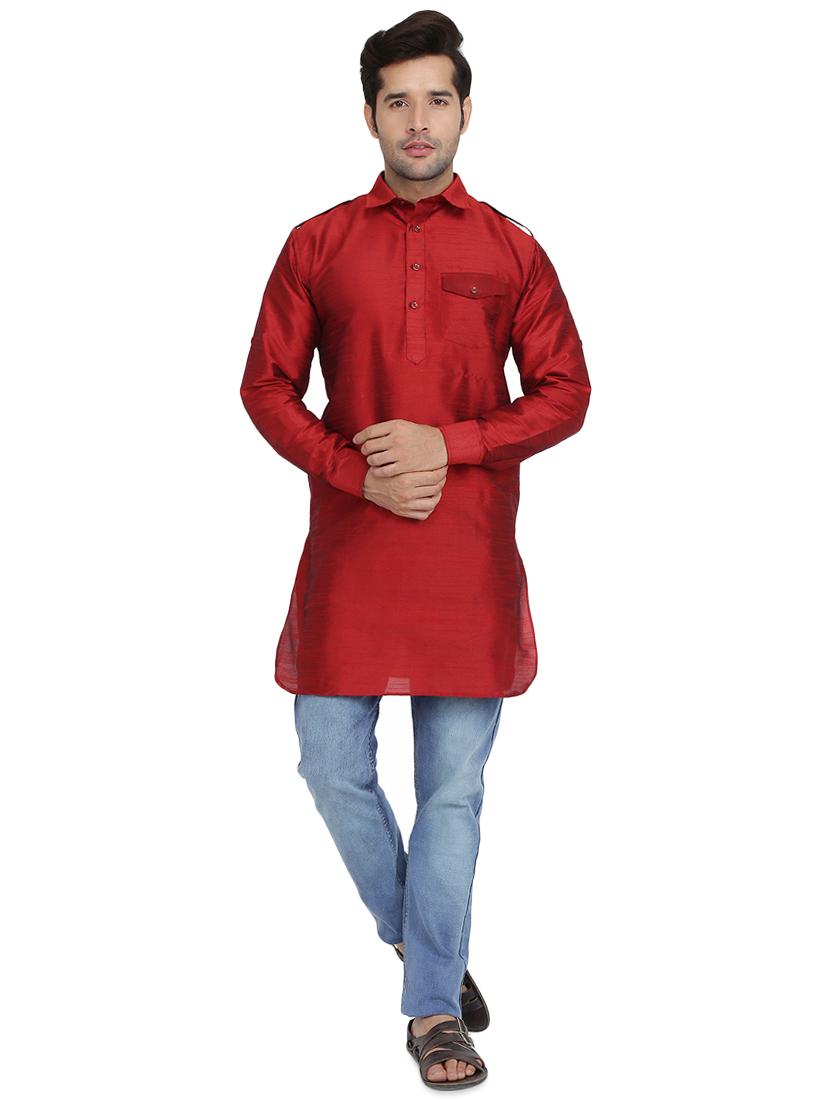 red solid pathani kurta - 16750429 - Standard Image - 3