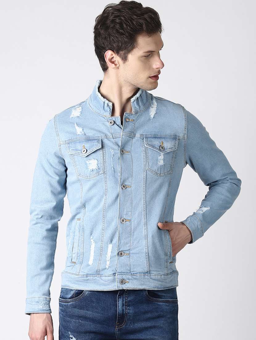 Buy online Light Blue Ripped Denim Jacket from Jackets for Men by