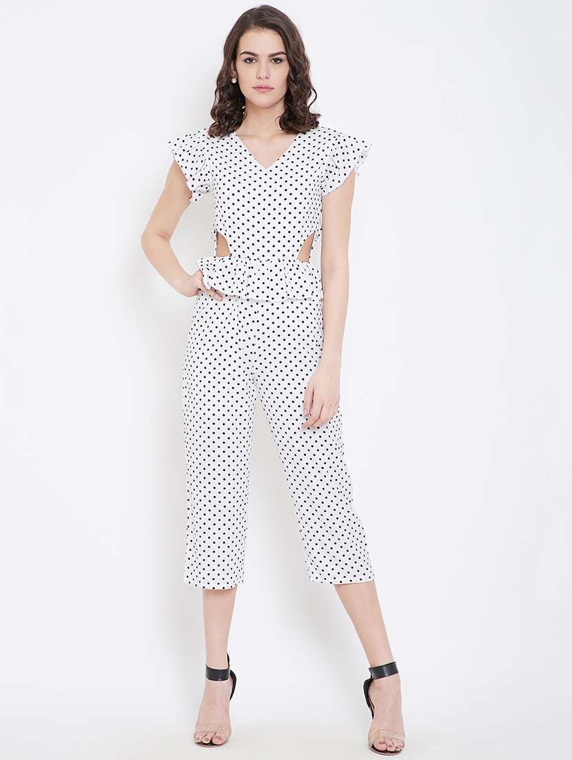 frill trim cut out detail polka dot jumpsuit - 16764184 -  Standard Image - 3