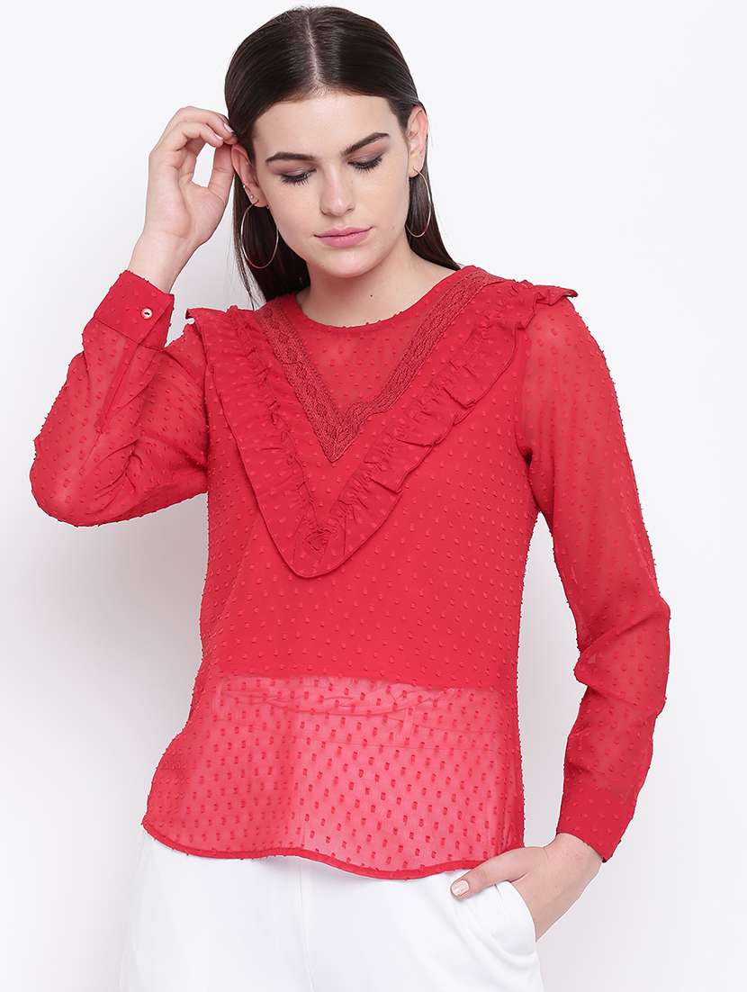 women's ruffle round neck top