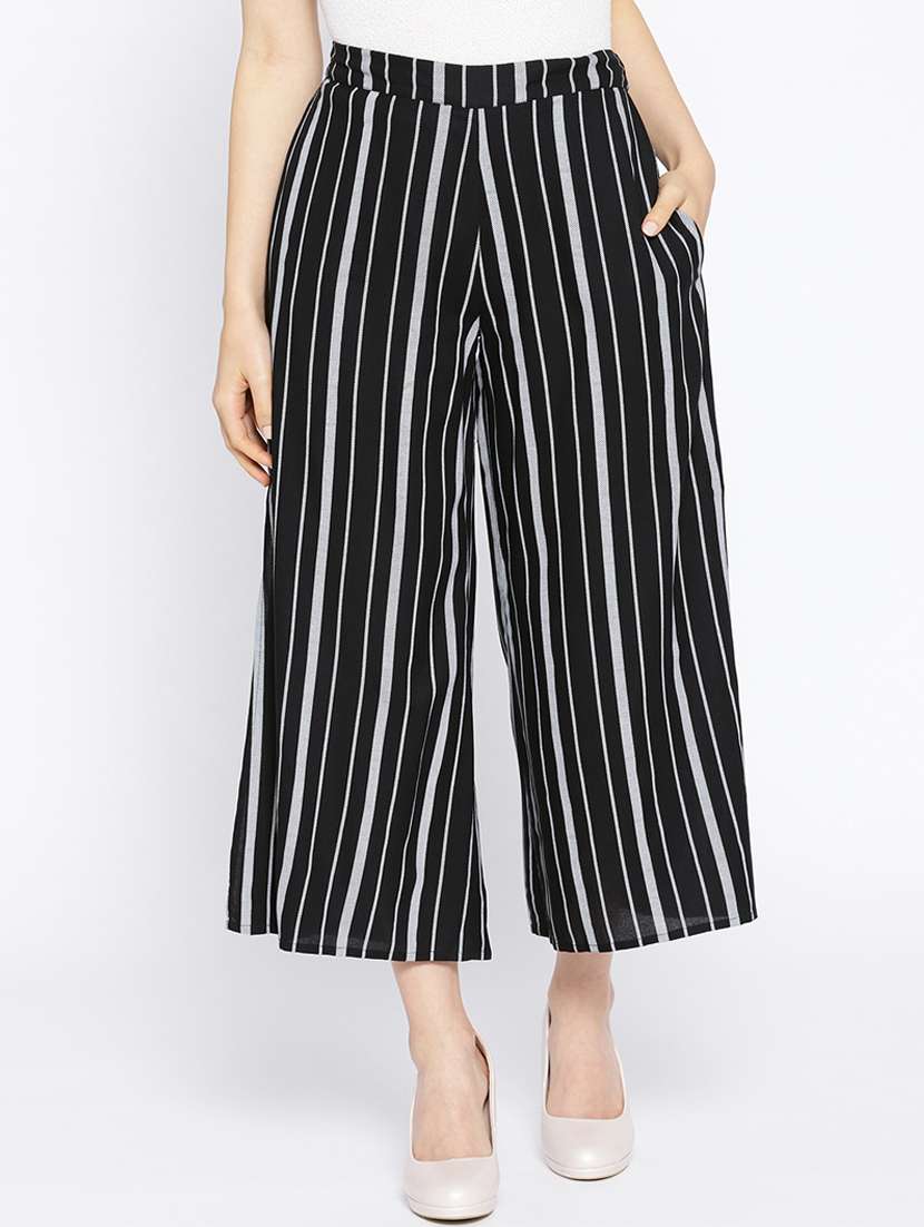 striped flat front wide leg trouser