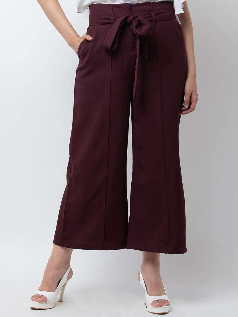 women solid pleated wide leg trouser
