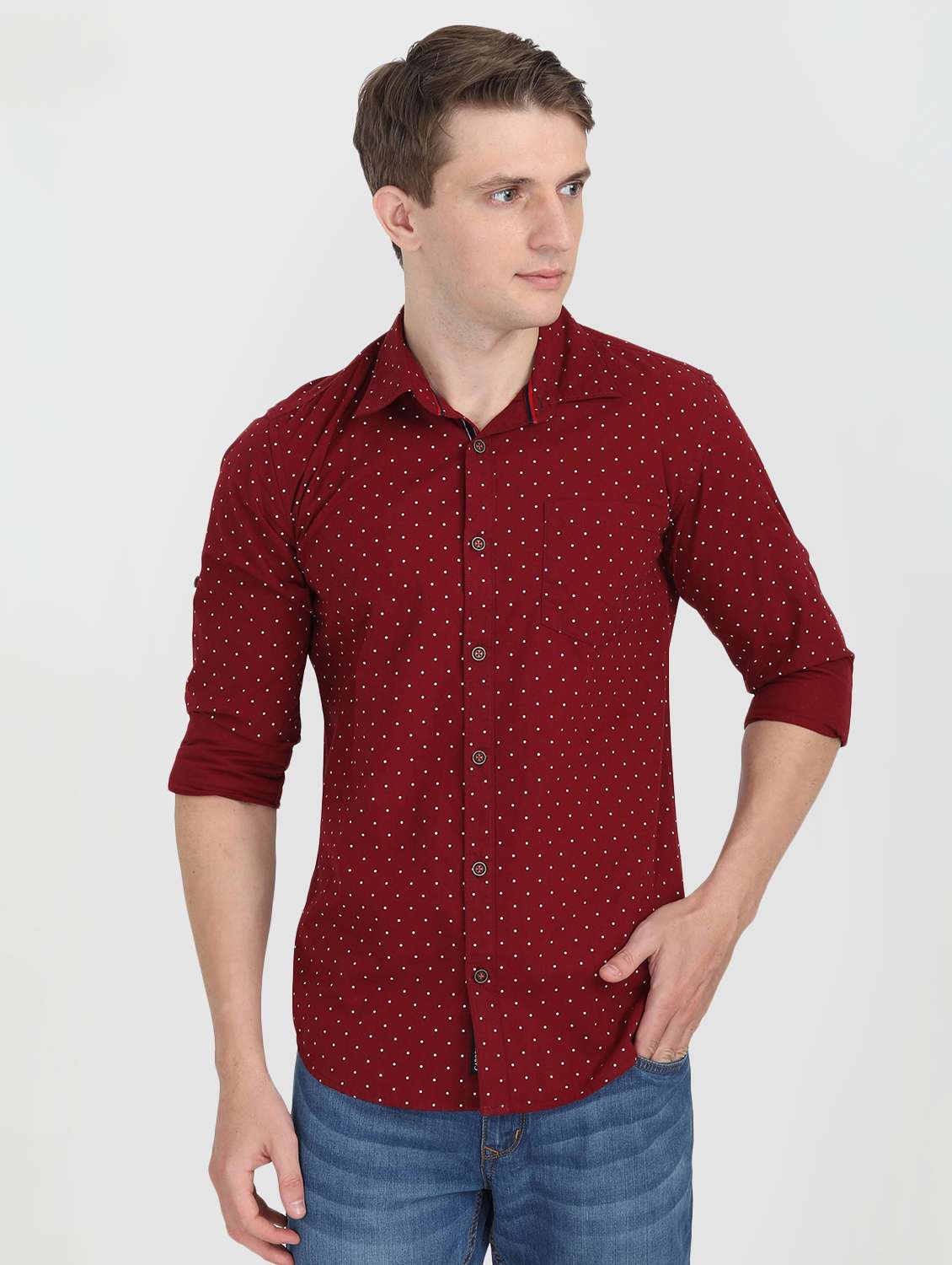 red polka dotted casual shirt