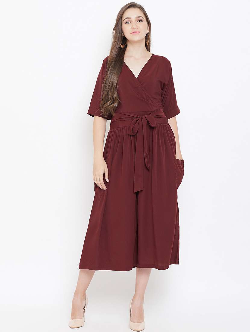 tie knot overlap neck gathered jumpsuit