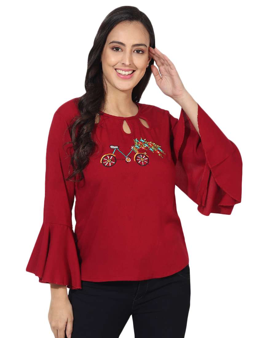 contrast embroidered bell sleeved top