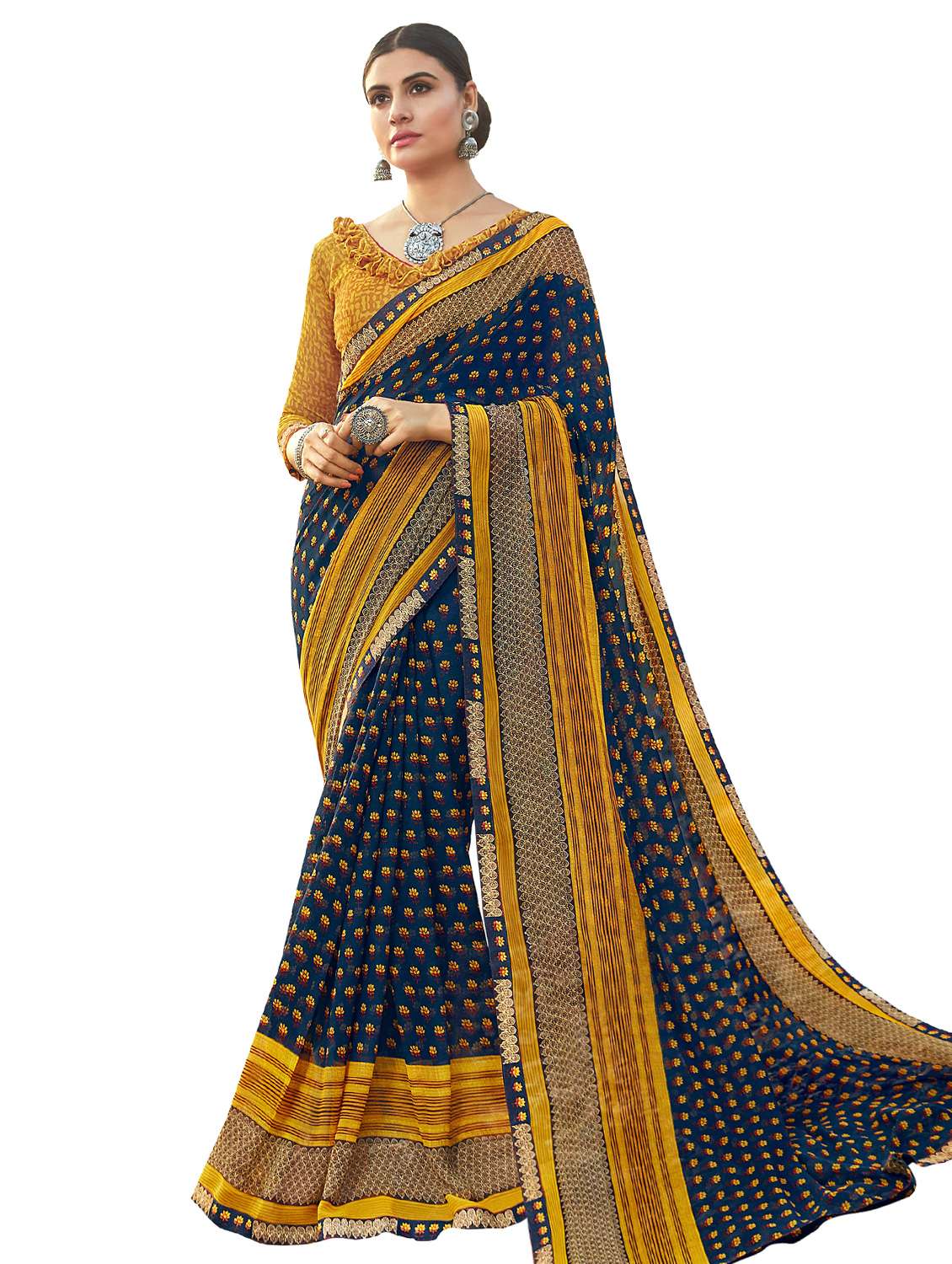 women's floral navy blue colored saree with blouse