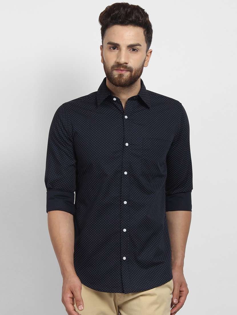 navy blue polka dotted casual shirt
