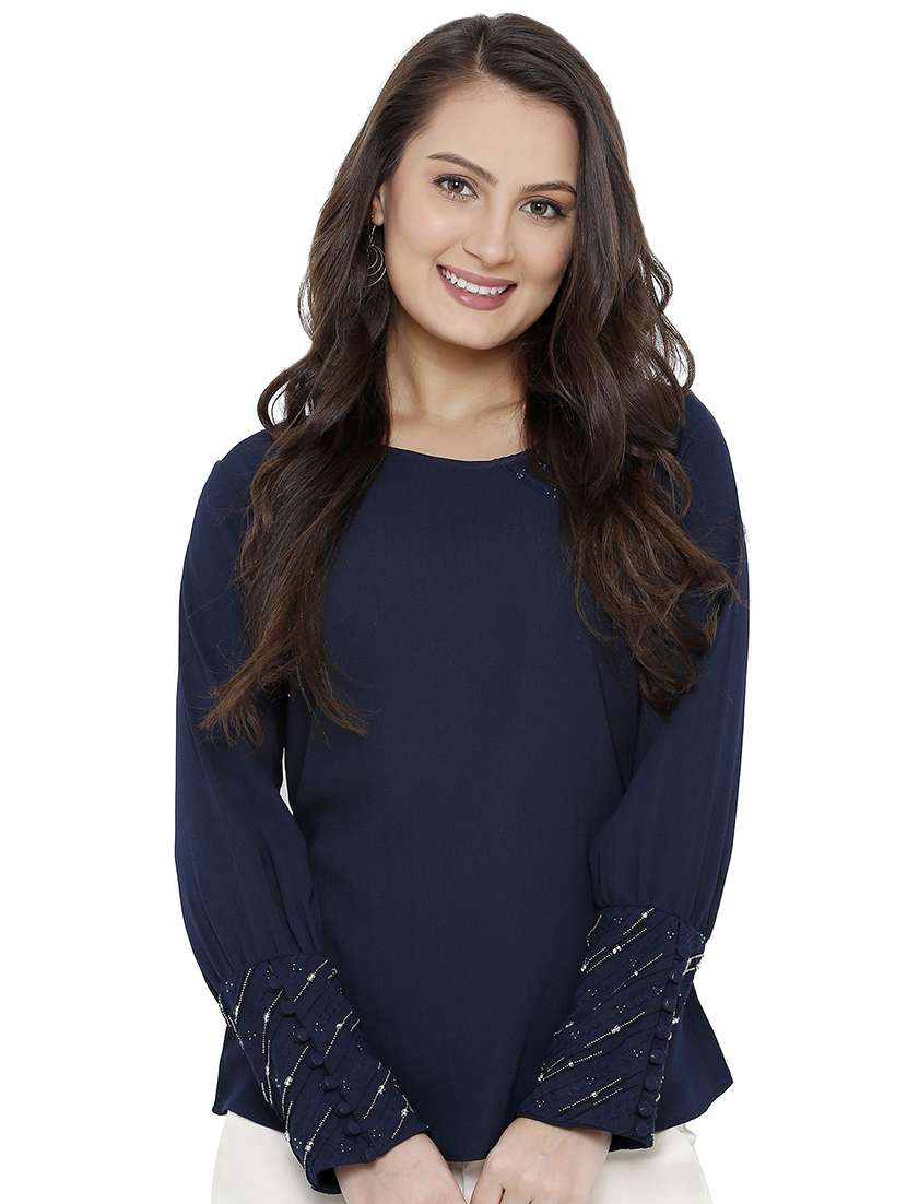 embellished detail round neck top 