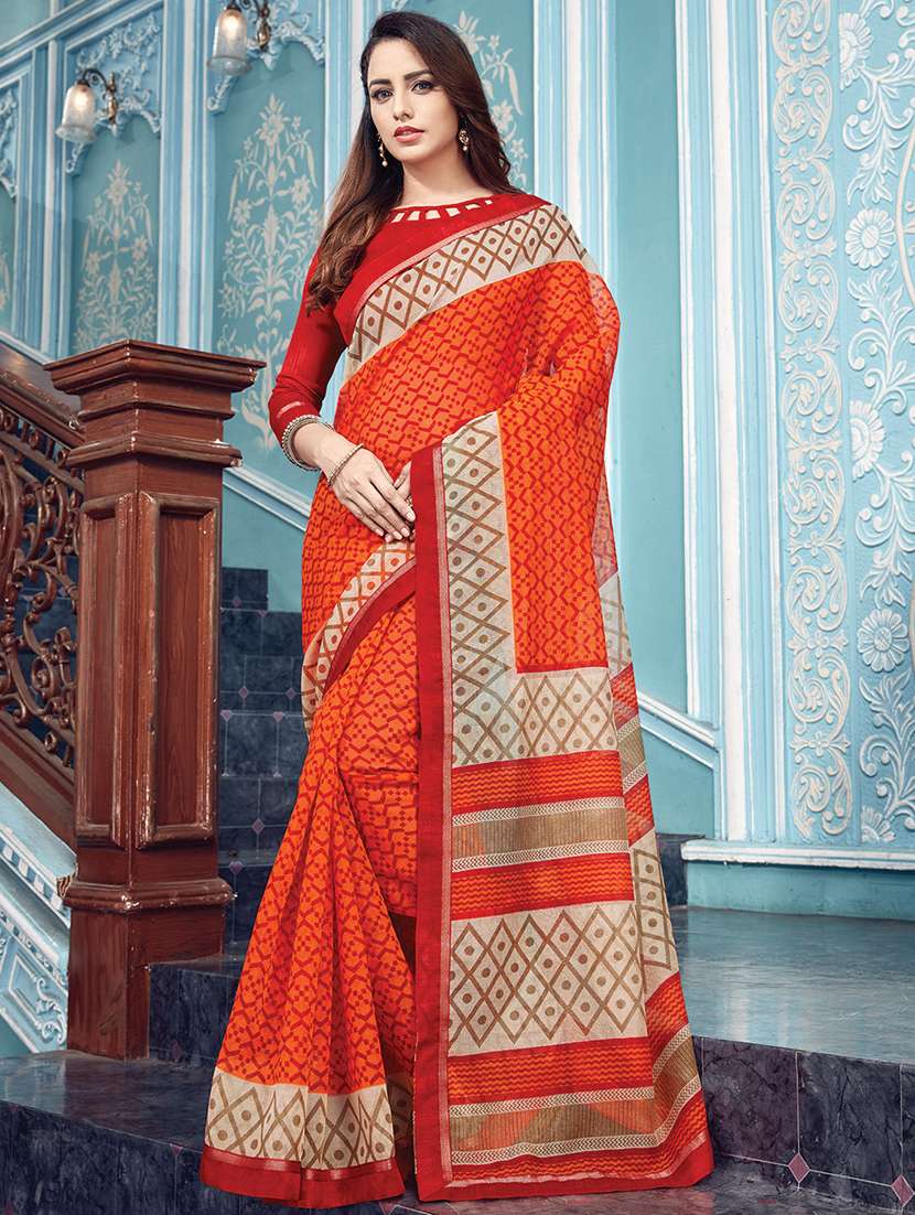 women's printed orange colored saree