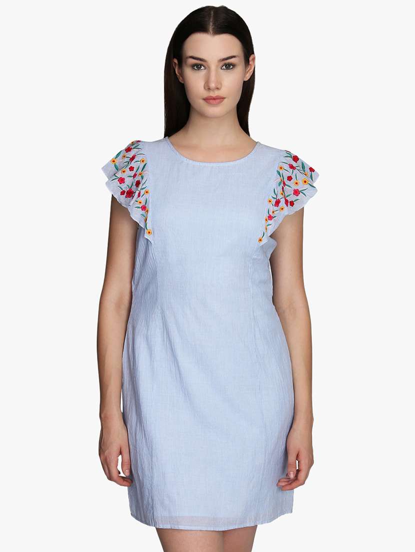 embroidered sleeved striped a-line dress 