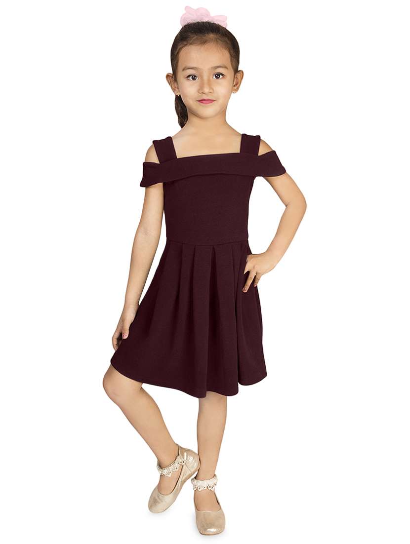 girls burgundy solid cold shoulder dress - 16795454 -  Zoom Image - 0