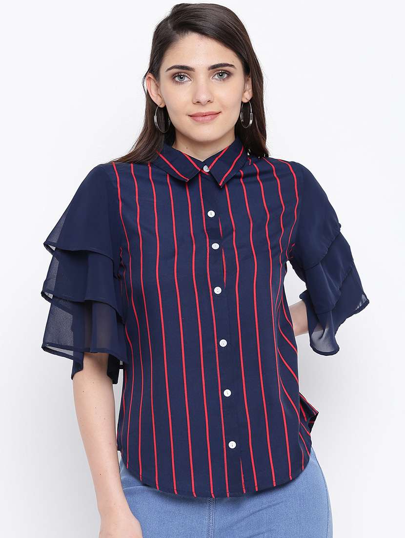 Ruffle Sleeved Striped Shirt 