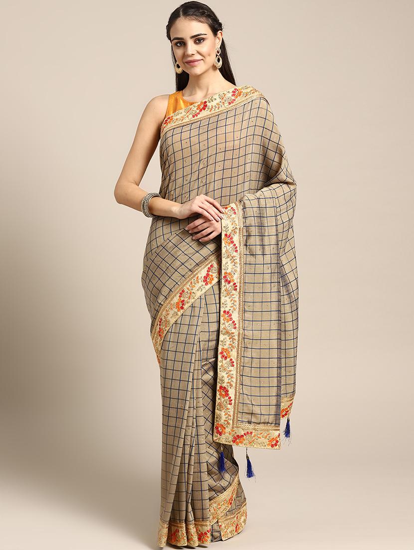 checkered printed saree with blouse - 16796323 - Zoom Image - 0