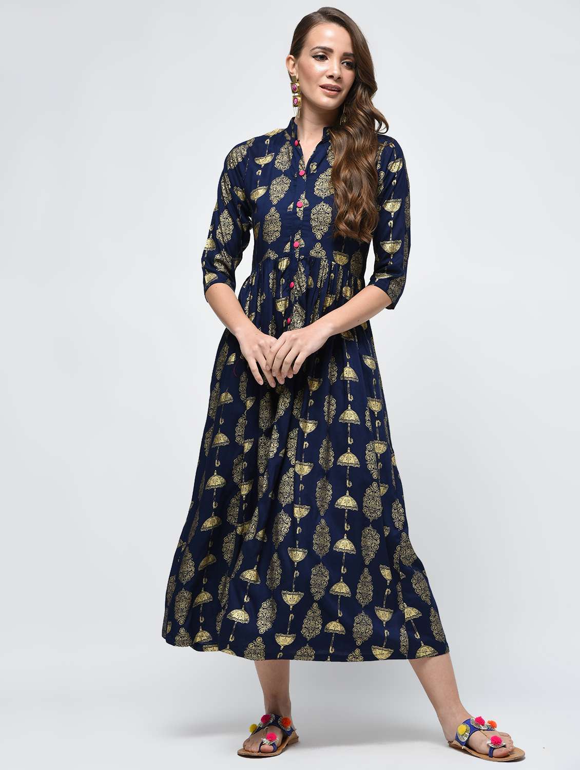 gold print flared ethnic dress