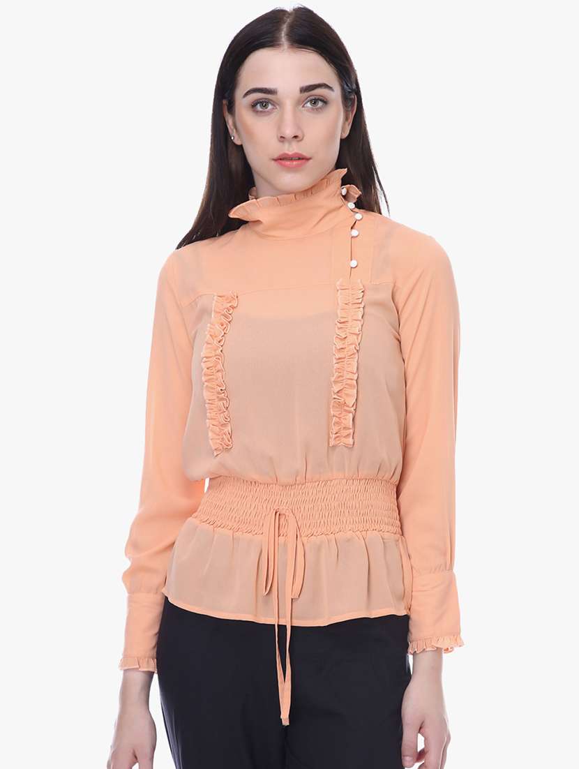 turtle neck smocked waist top
