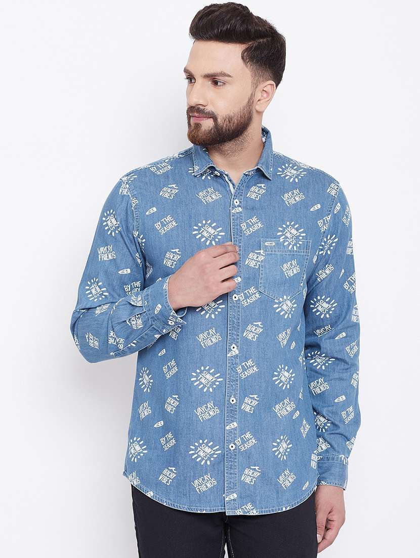 blue printed denim casual shirt