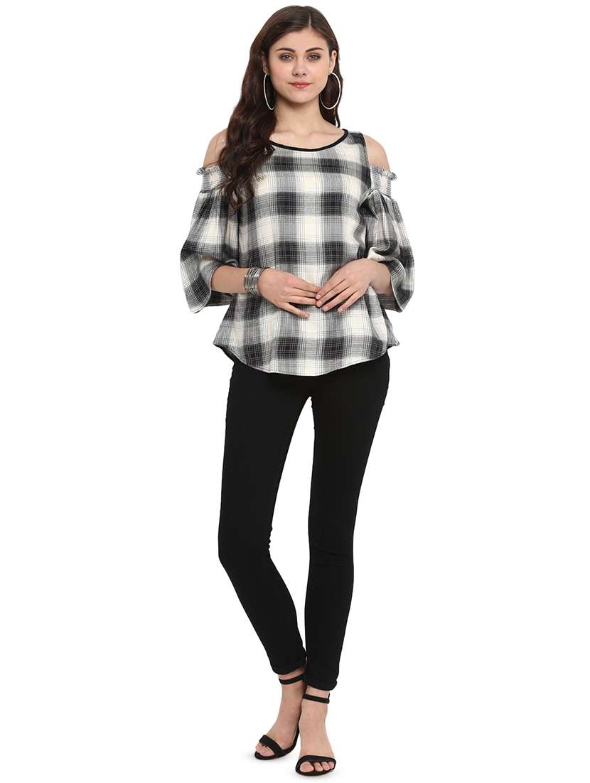 cold shoulder checkered top  - 16813648 -  Standard Image - 3