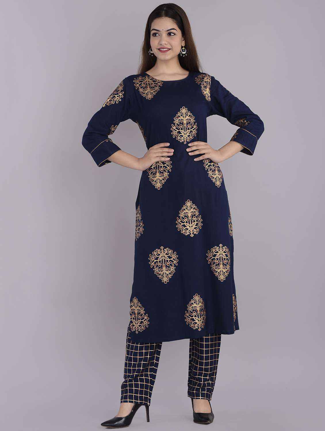 gold print kurta pant set