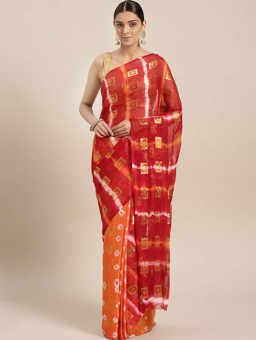women's bandhani red colored saree with blouse