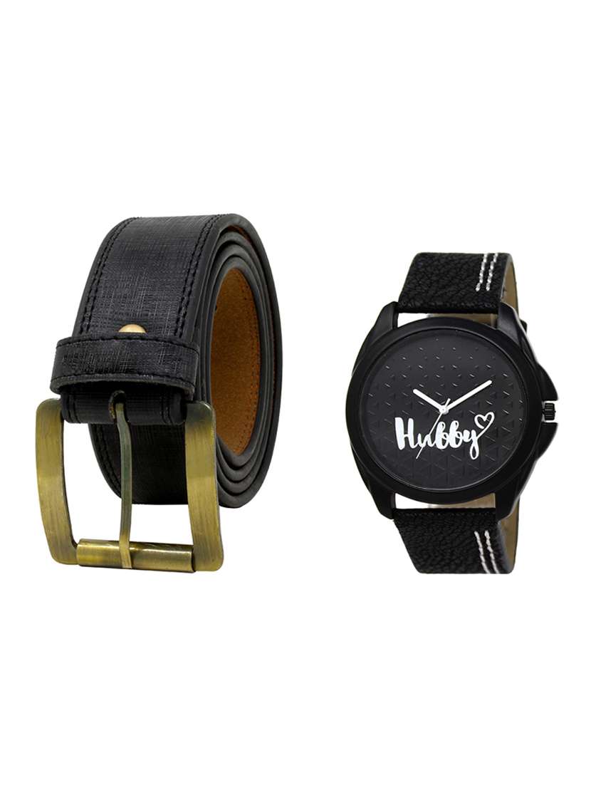 black leatherette belt with watch