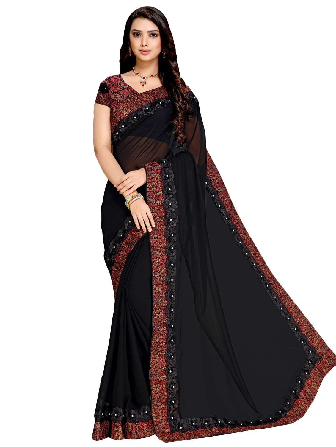 solid bordered saree with blouse