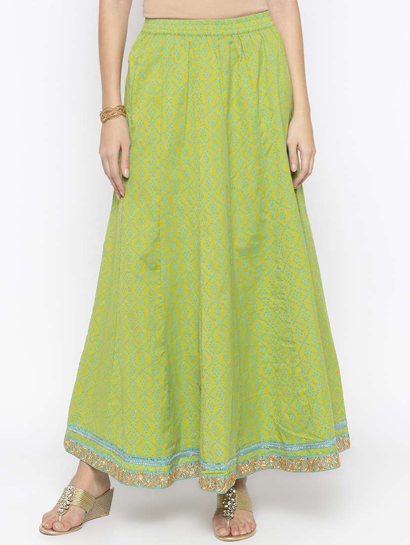 green cotton flared skirt