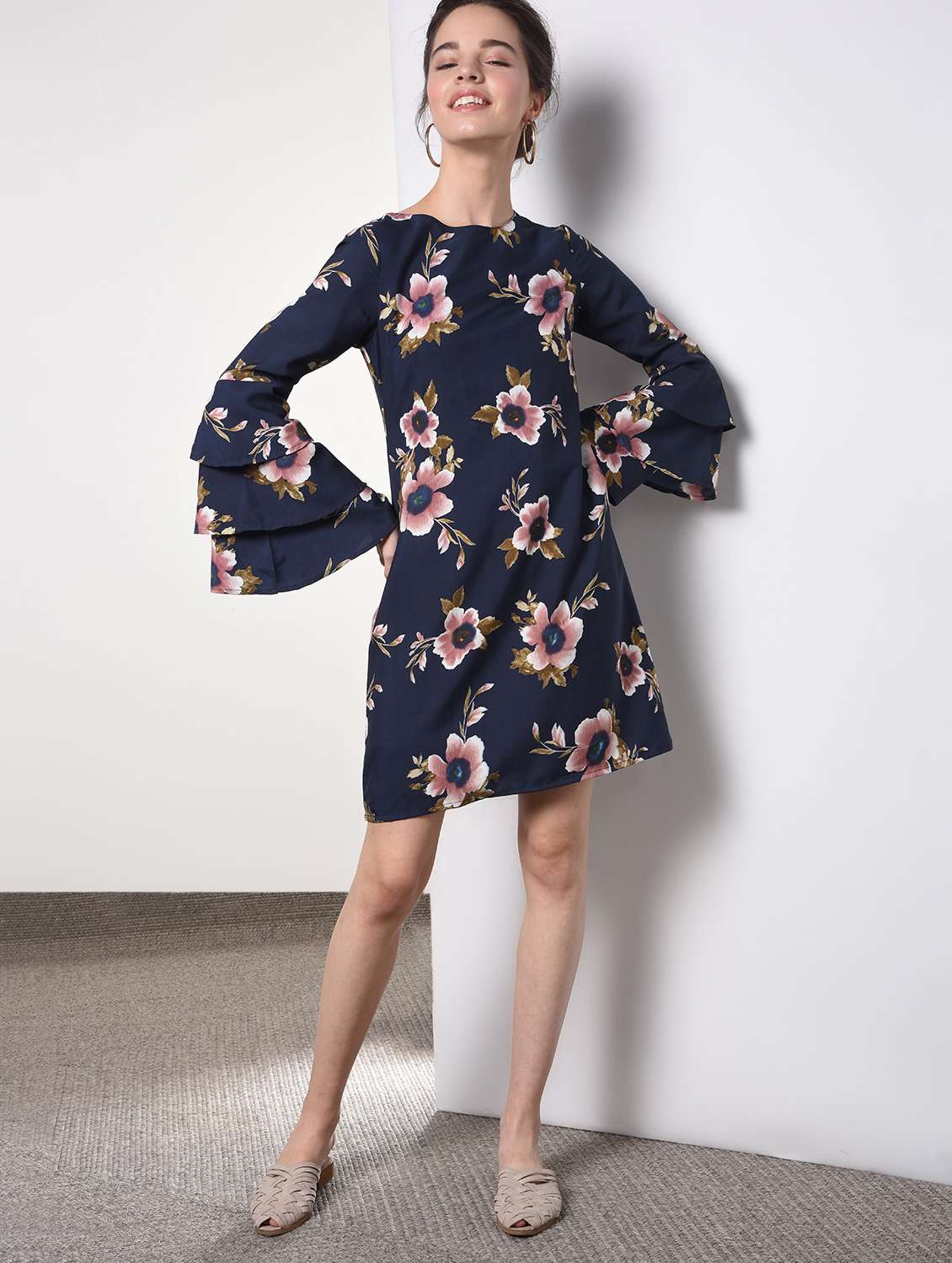 bell sleeves floral a-line dress 
