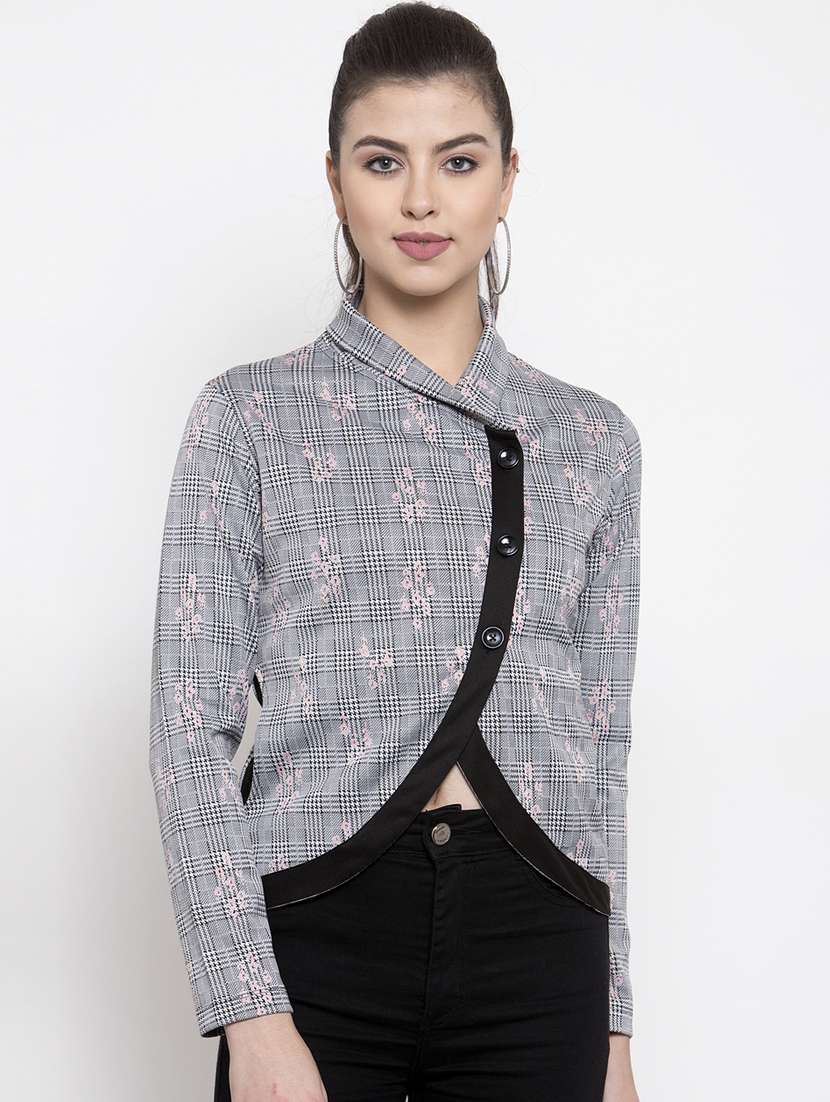 stylized neck checkered jacket