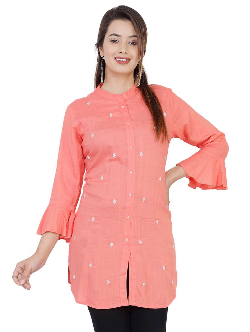 peach embellished straight kurti - 16832849 -  Zoom Image - 0