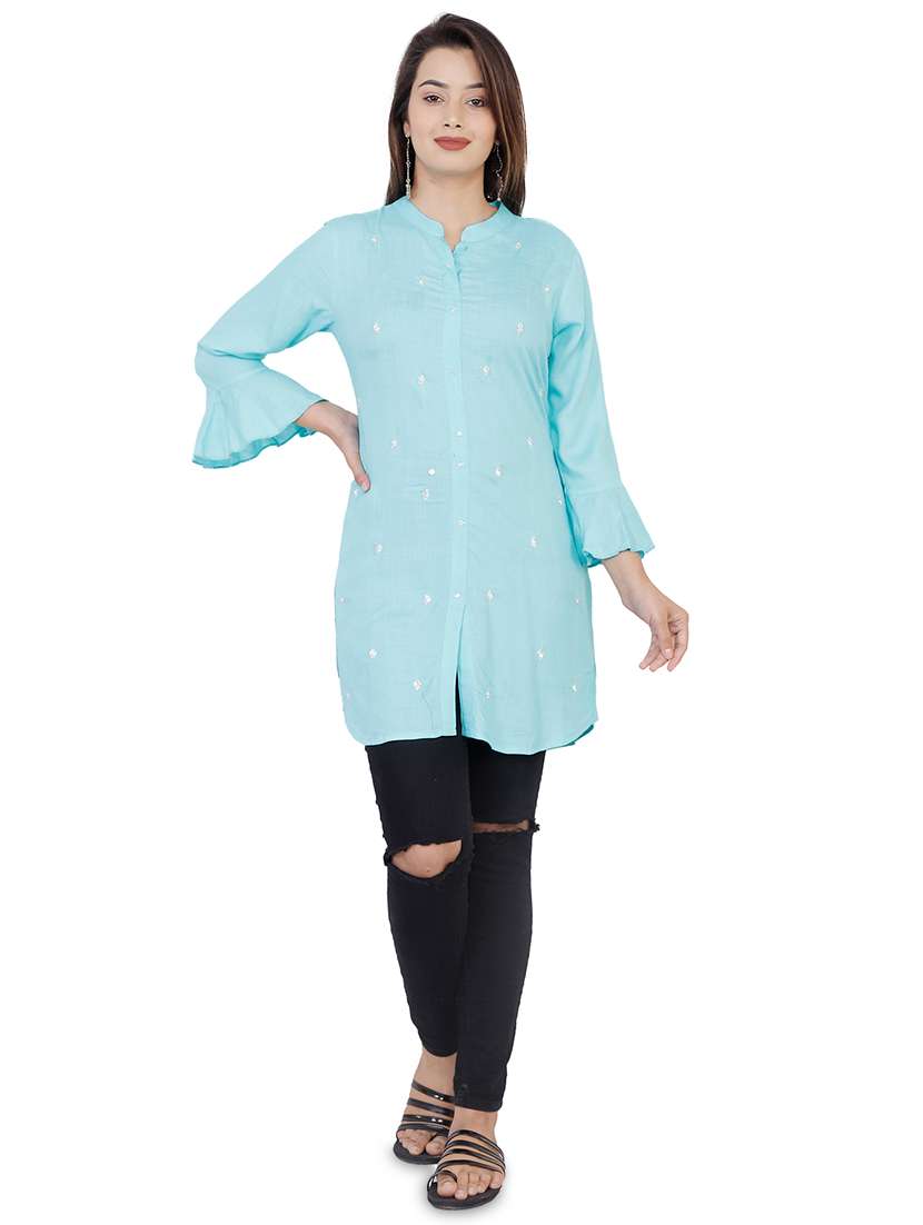 bell sleeves embellished straight kurti - 16832850 -  Standard Image - 3